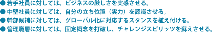 若手社員に対しては、ビジネスの厳しさを実感させる。中堅社員に対しては、自分の立ち居地(実力)を認識させる。幹部候補に対しては、グローバル化に対応するスタンスを植え付ける。管理職層に対しては、固定概念を打破しチャレンジスピリッツを蘇えさせる。
